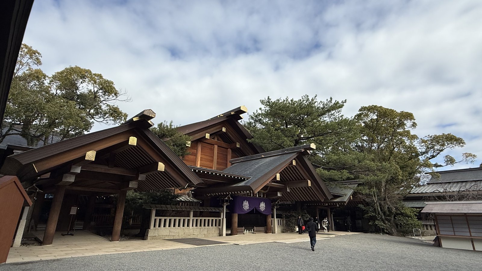 The front of the main hall, with a purple curtain hung across it