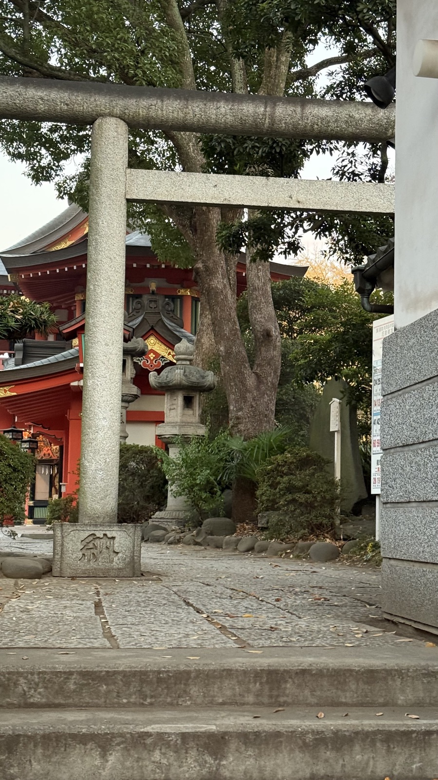 Shrine building seen through a stone torii