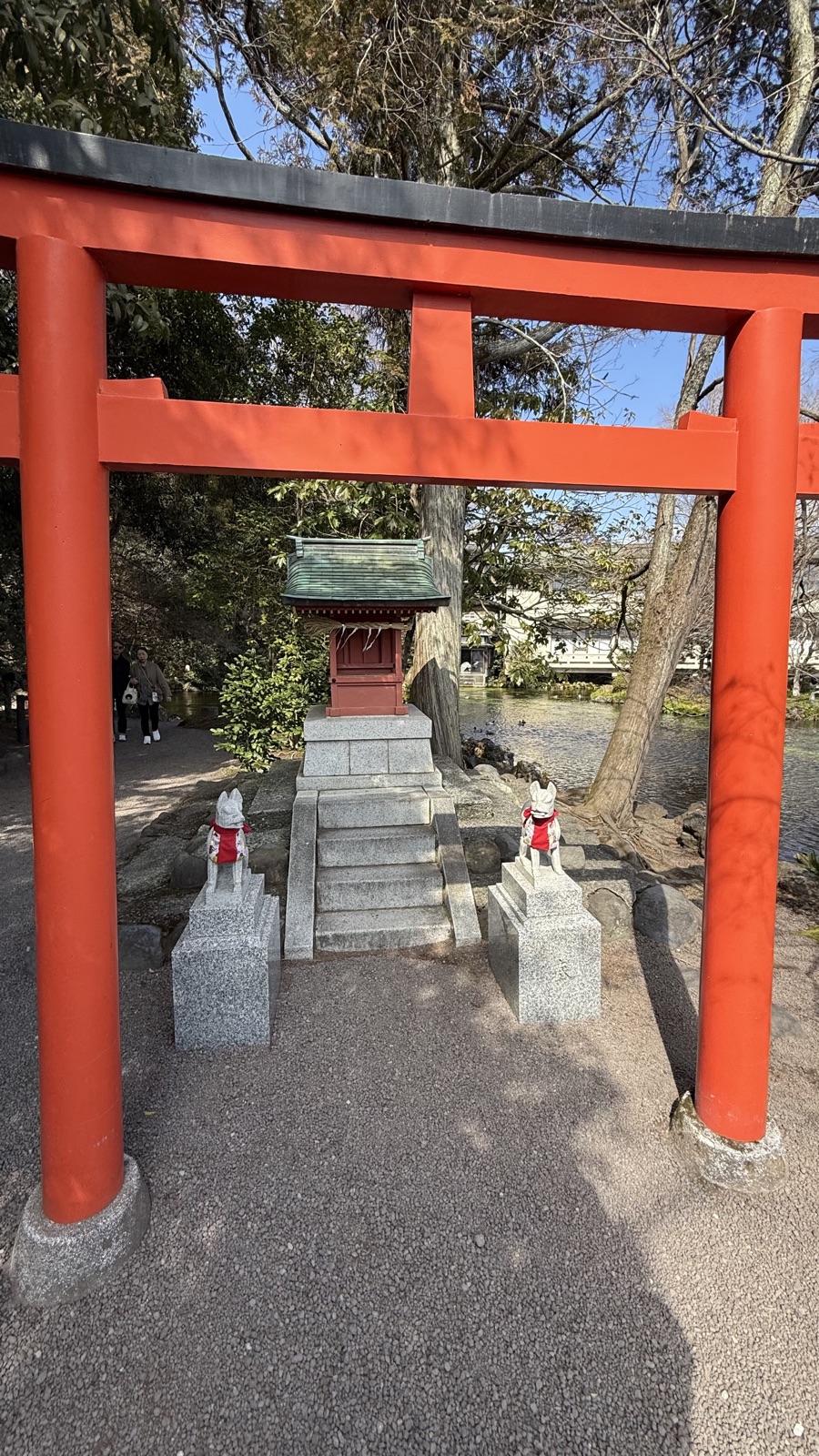 The torii of an auxiliary shrine, guarded by fox statues