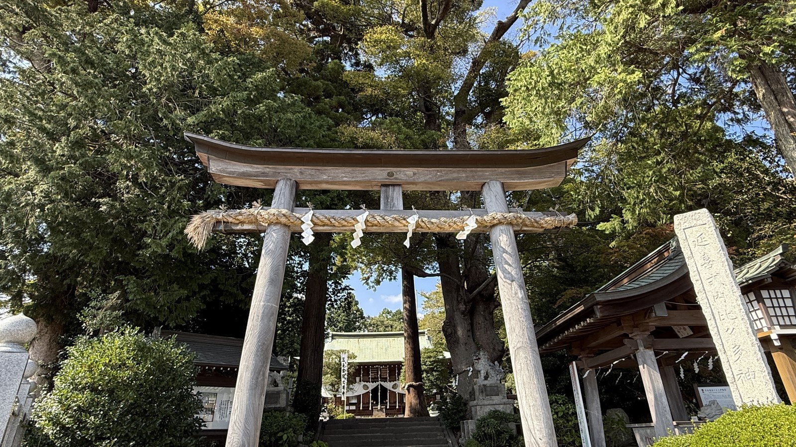 The torii and the shrine’s name stone, with the shrine buildings beyond