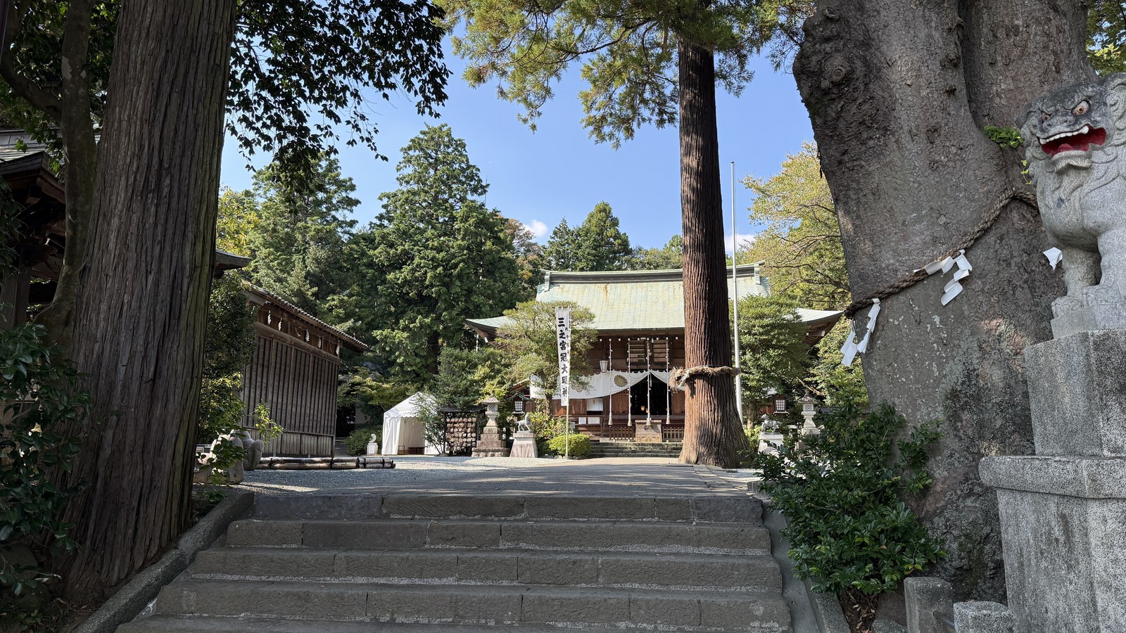 The main hall seen through the trees at the top of the steps