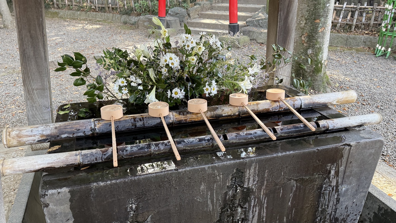 The purification fountain decorated with flowers