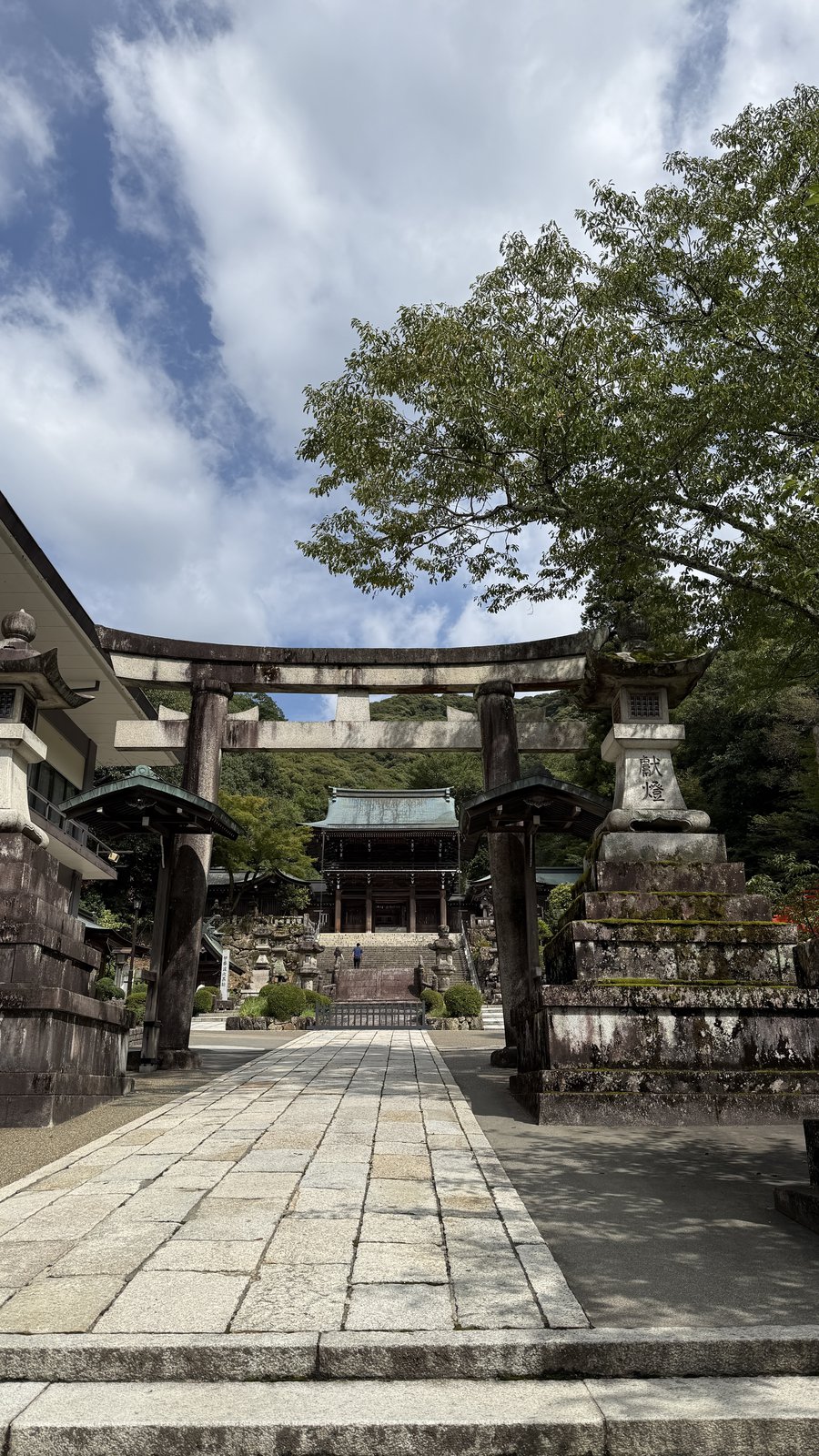 The paved approach, with another torii and the shrine buildings beyond