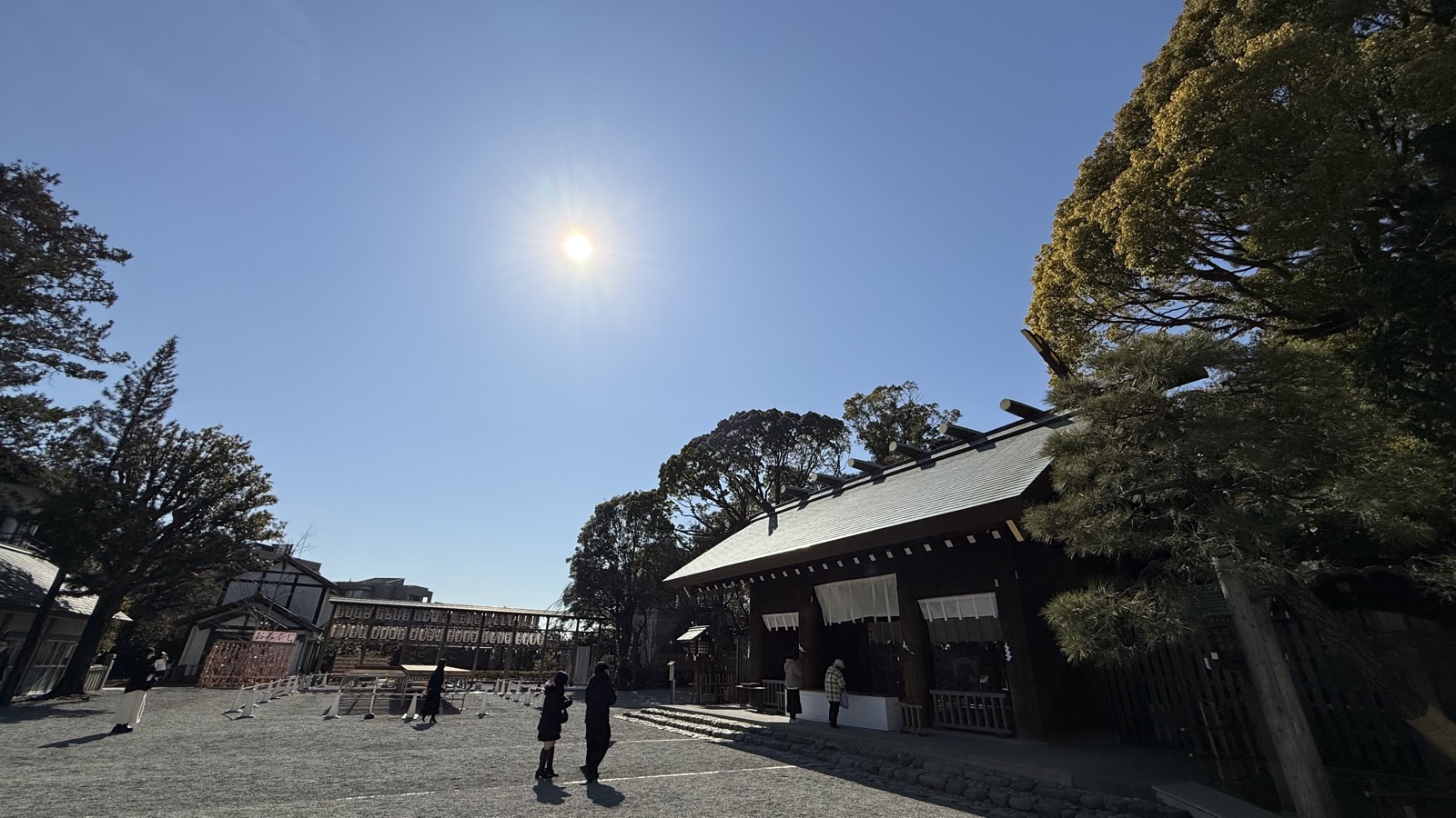 Shrine building and worshippers against the light