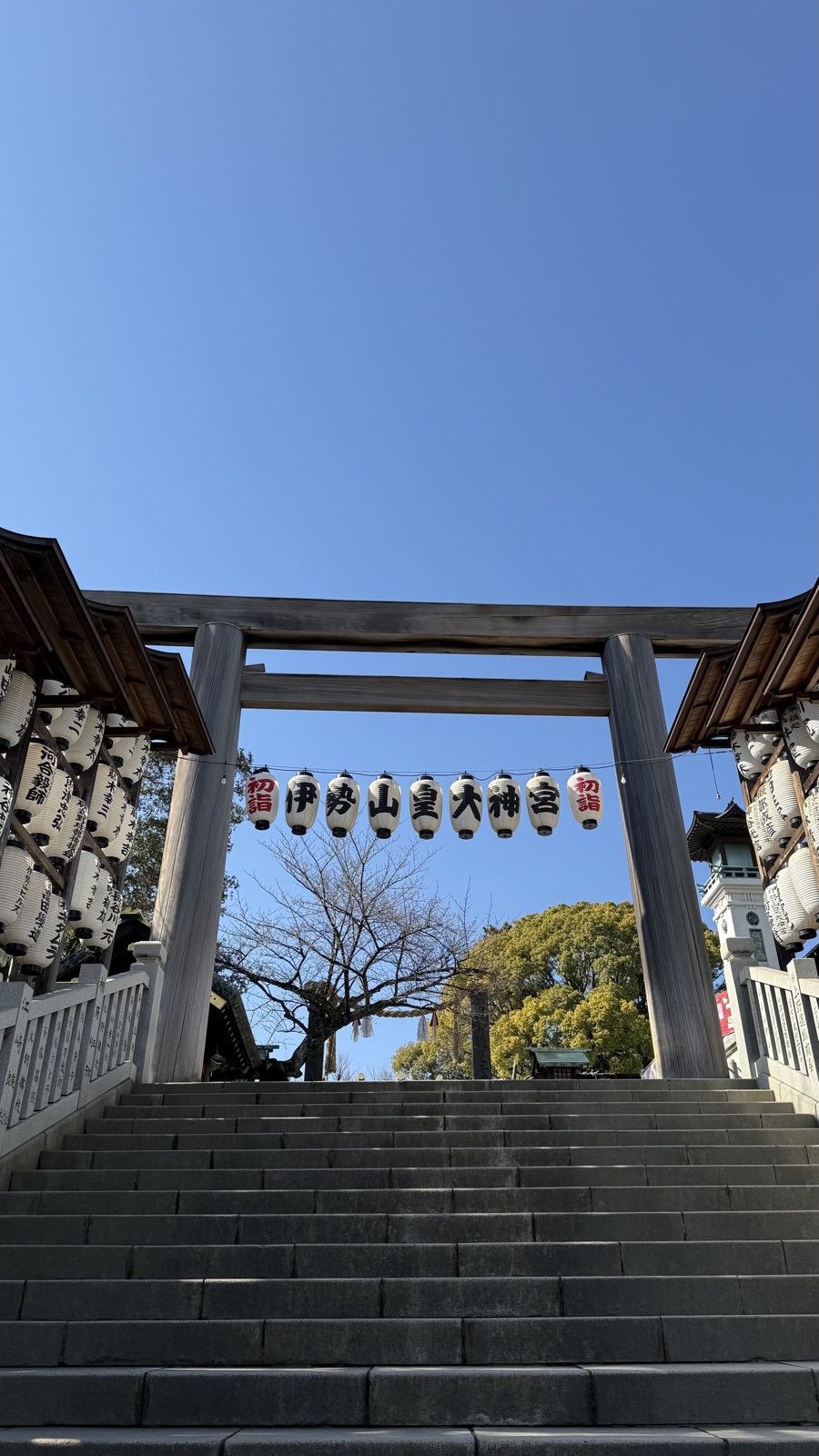 Lanterns marked Iseyama Kotai Jingu on the torii