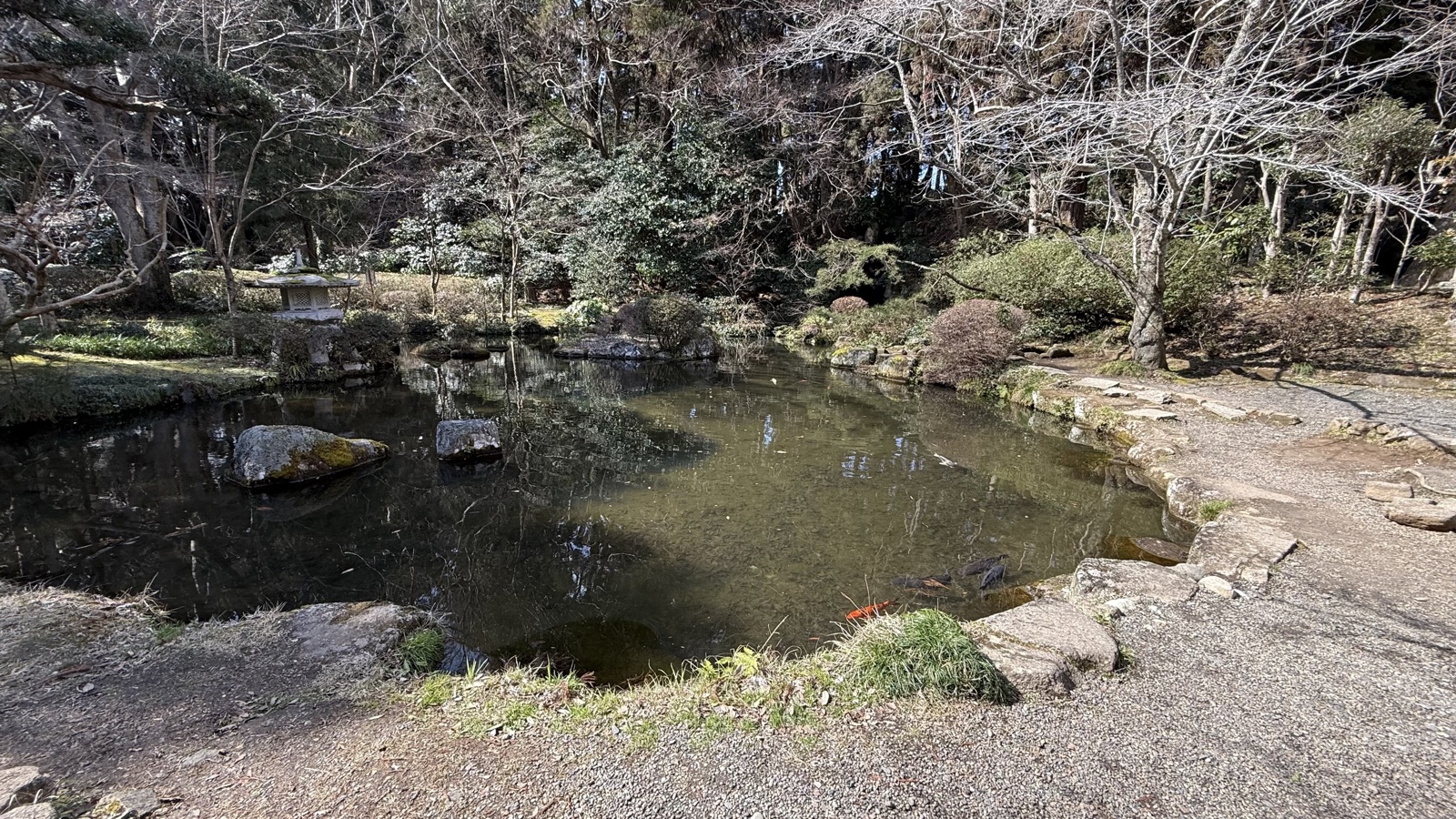 Pond garden with stone lanterns