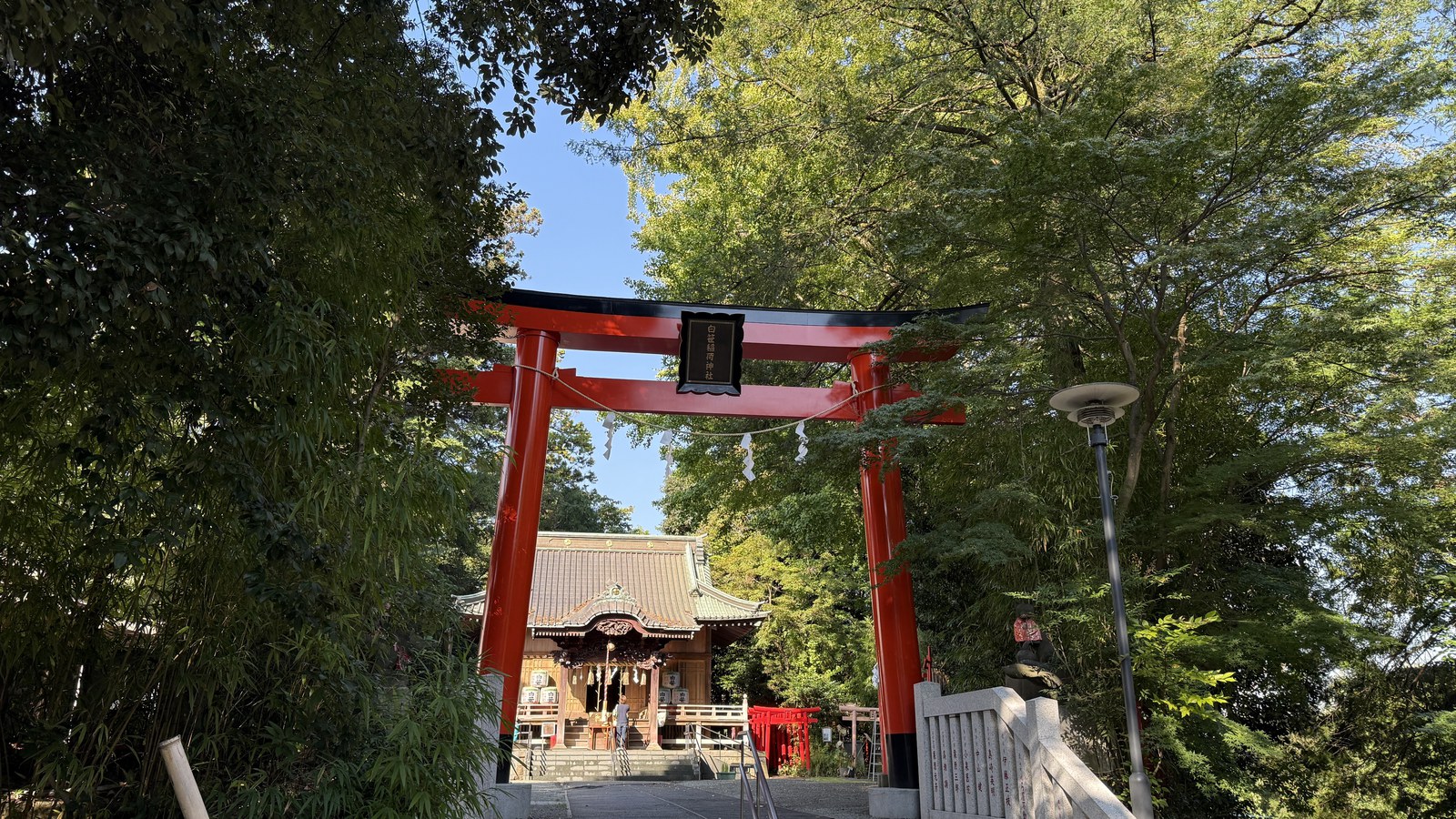 A vermilion torii, with the shrine building beyond