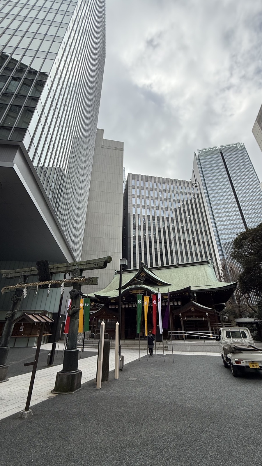 Torii surrounded by high-rise buildings